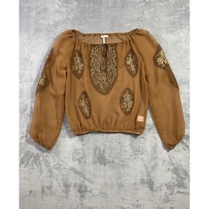 Metro 7 Womens Hazelnut Brown Sheer Embroidered Peasant Blouse Top Med FFM7M-591